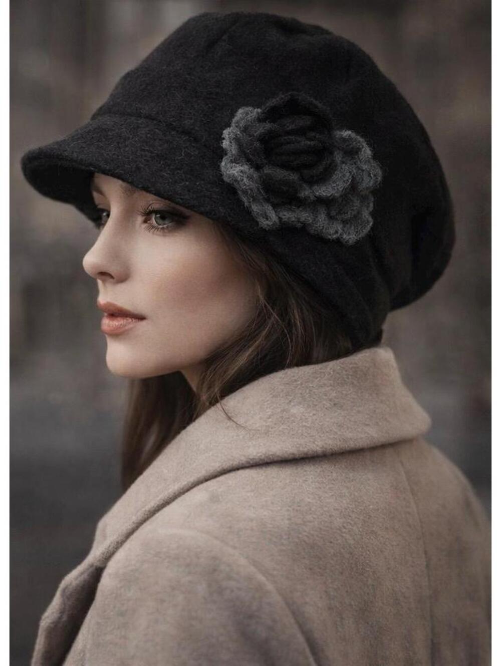 Platania Italian Wool Hat – Black Sculptural Floral Detail  Made in Italy